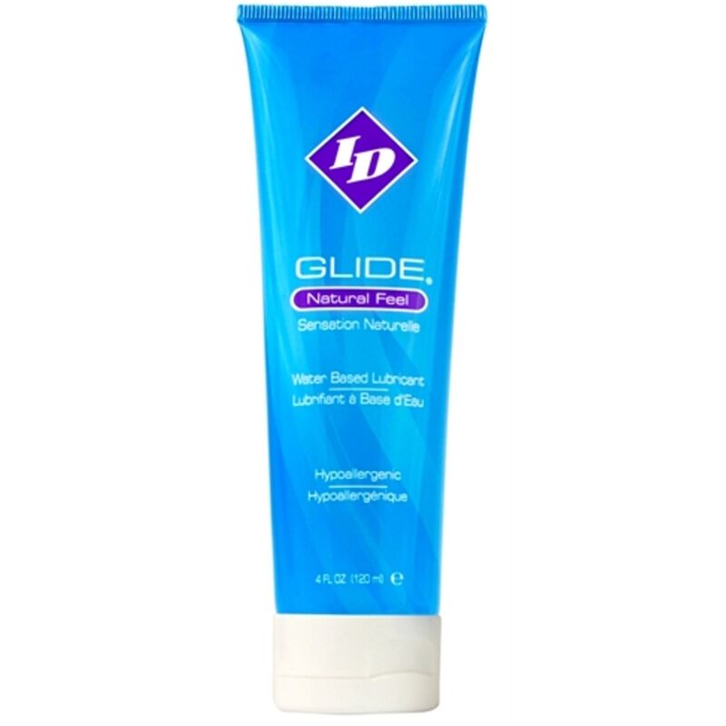 Imagem do lubrificante ID GLIDE Base Água Ultra Duradouro 120 ML, mostrando a embalagem e a textura.