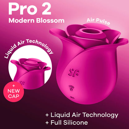 Close-up do vibrador Satisfyer Pro 2 Modern Blossom com tecnologia Air Pulse e Liquid Air, design em forma de rosa.