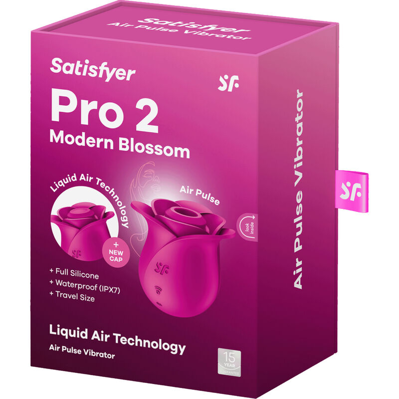 Close-up do vibrador Satisfyer Pro 2 Modern Blossom com tecnologia Air Pulse e Liquid Air, design em forma de rosa.