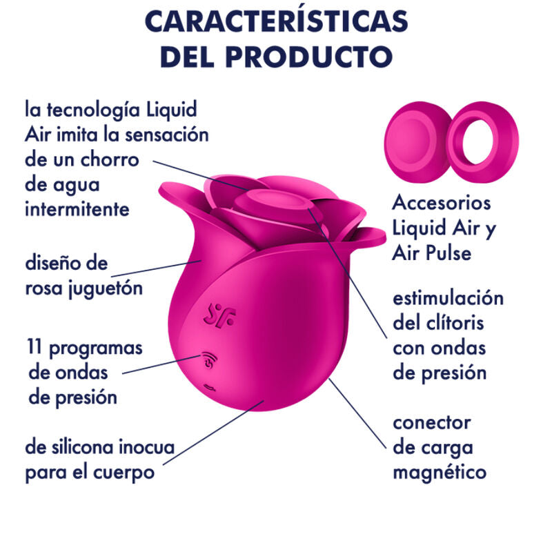 Close-up do vibrador Satisfyer Pro 2 Modern Blossom com tecnologia Air Pulse e Liquid Air, design em forma de rosa.