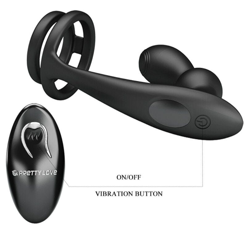 PRETTY LOVE Anel Peniano e Plug Anal Vibratório Marshall com Controle Remoto, mostrando o design 2 em 1 e material de silicone.