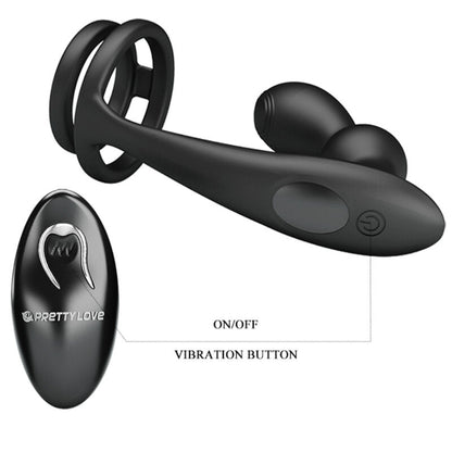 PRETTY LOVE Anel Peniano e Plug Anal Vibratório Marshall com Controle Remoto, mostrando o design 2 em 1 e material de silicone.