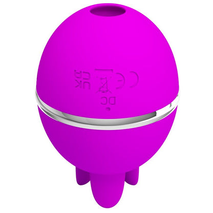 Close-up do PRETTY LOVE Vibrador de Silicone Bola Gemini Roxo, mostrando a sua textura suave e estimuladores de lamber únicos.