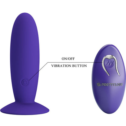 Close-up do Plug Anal Vibratório PRETTY LOVE JUVENTUDE com Controle Remoto Violeta, mostrando seu material de silicone e design ergonómico.