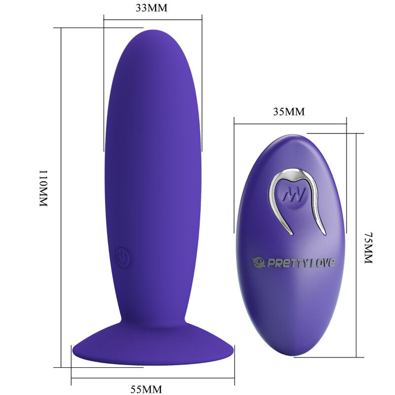 Close-up do Plug Anal Vibratório PRETTY LOVE JUVENTUDE com Controle Remoto Violeta, mostrando seu material de silicone e design ergonómico.