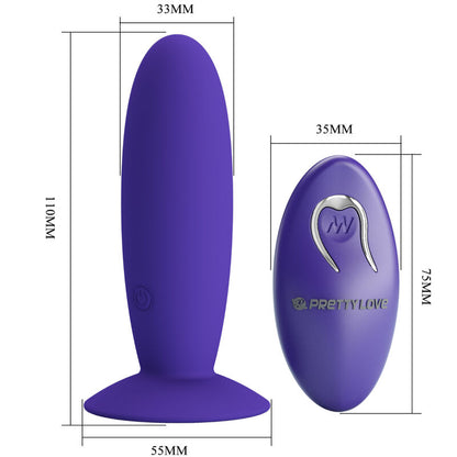 Close-up do Plug Anal Vibratório PRETTY LOVE JUVENTUDE com Controle Remoto Violeta, mostrando seu material de silicone e design ergonómico.