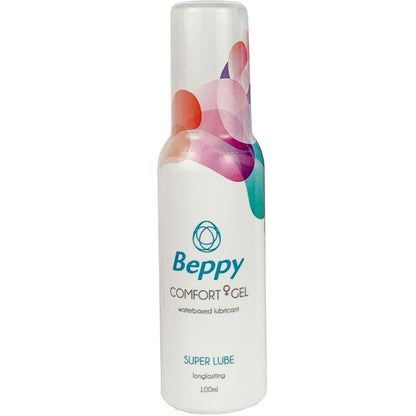 Close-up do BEPPY Lubrificante Comfort Gel Base Água 100ml, mostrando a embalagem e a textura do gel.