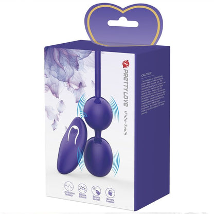 Close-up das Bolas Vibratórias PRETTY LOVE com Controle Remoto Violeta, mostrando o design ergonómico em silicone macio.