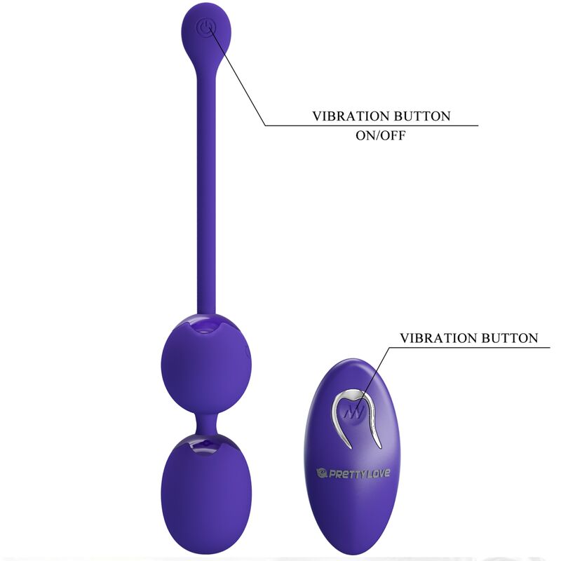 Close-up das Bolas Vibratórias PRETTY LOVE com Controle Remoto Violeta, mostrando o design ergonómico em silicone macio.