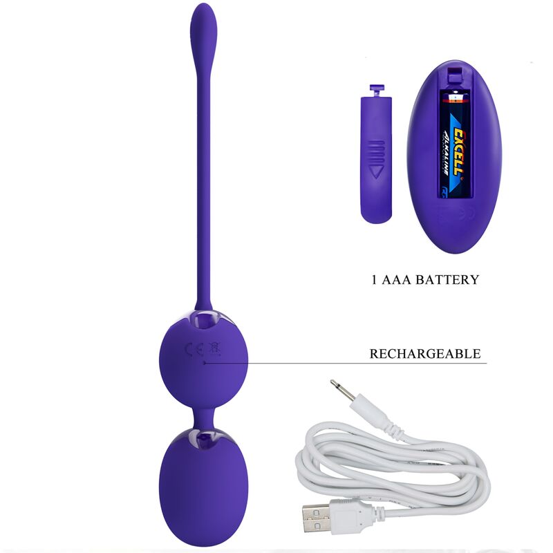 Close-up das Bolas Vibratórias PRETTY LOVE com Controle Remoto Violeta, mostrando o design ergonómico em silicone macio.