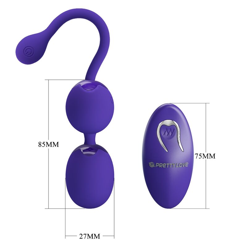 Close-up das Bolas Vibratórias PRETTY LOVE com Controle Remoto Violeta, mostrando o design ergonómico em silicone macio.
