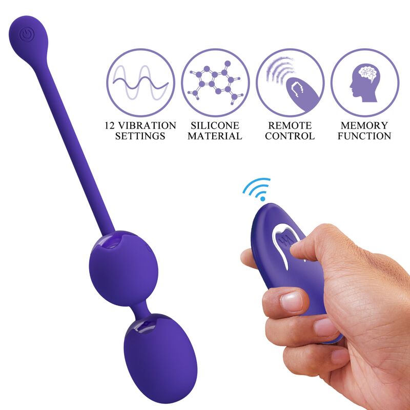 Close-up das Bolas Vibratórias PRETTY LOVE com Controle Remoto Violeta, mostrando o design ergonómico em silicone macio.
