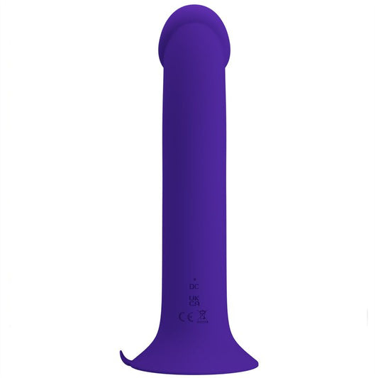 Close-up do Dildo Vibratório Pretty Love Murray Youth em silicone violeta, com base de ventosa e detalhes das 12 funções.