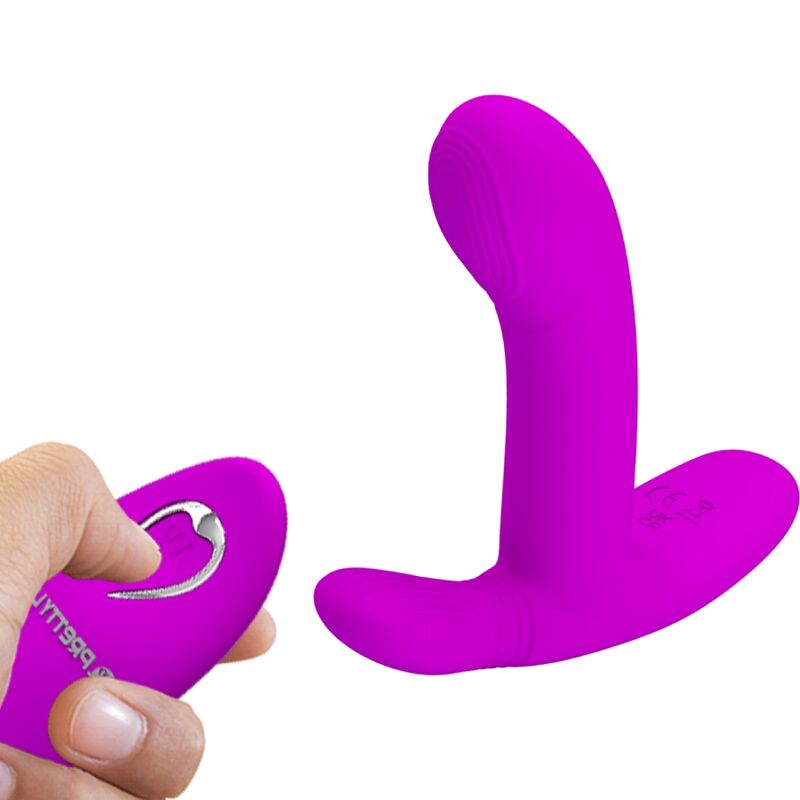 Close-up do Vibrador PRETTY LOVE Geri, mostrando seu design ergonômico e cor violeta, ideal para estimulação clitoriana e do ponto G com controle remoto.