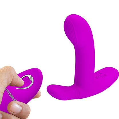 Close-up do Vibrador PRETTY LOVE Geri, mostrando seu design ergonômico e cor violeta, ideal para estimulação clitoriana e do ponto G com controle remoto.
