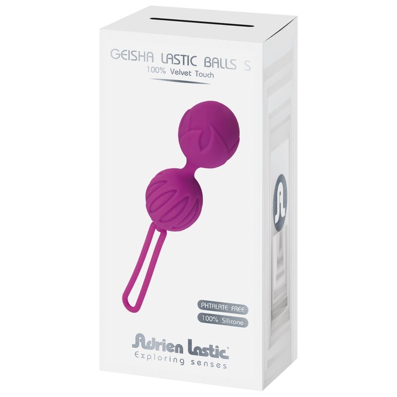 Close-up of the ADRIEN LASTIC Geisha Silicone Balls S Violet, showing its smooth texture and ergonomic design for pelvic floor training.