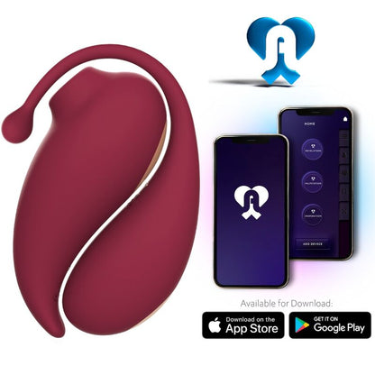 ADRIEN LASTIC Inspiration Clitoral Sucker e Ovo Vibratório, com controle via app, mostrando ambos os dispositivos e seus detalhes em vermelho.