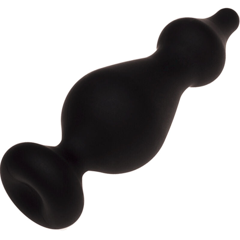 Close-up do Plug Anal ADRIEN LASTIC Amuse de Silicone Preto Tamanho L, destacando a sua textura aveludada e design ergonómico.