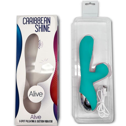 Close-up do ALIVE Vibrador Caribbean Shine Azul com sucção e estimulação de Ponto G.