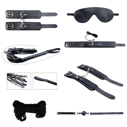 Detalhe do Kit BDSM Desejos Secretos ALIVE de 7 Peças, mostrando todos os acessórios incluídos para exploração sensorial.