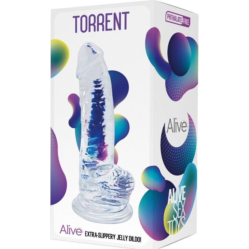 Imagem do Dildo Realista Transparente ALIVE Torrent de 20,6 cm, mostrando sua forma, textura e material translúcido.