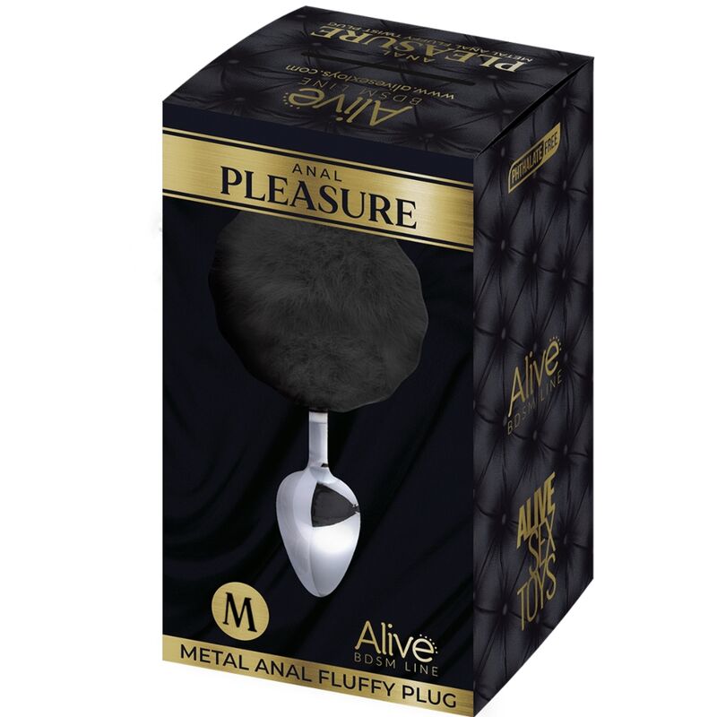 ALIVE Plug Anal Espiral Metal Fluffy Preto Tamanho M com design único e pompom.