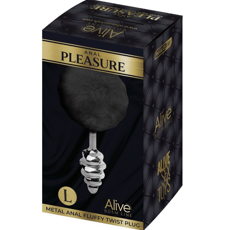 ALIVE Plug Anal Espiral Metal Fluffy Preto Tamanho L, mostrando design espiral e acabamento macio.