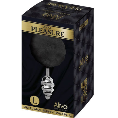 ALIVE Plug Anal Espiral Metal Fluffy Preto Tamanho L, mostrando design espiral e acabamento macio.