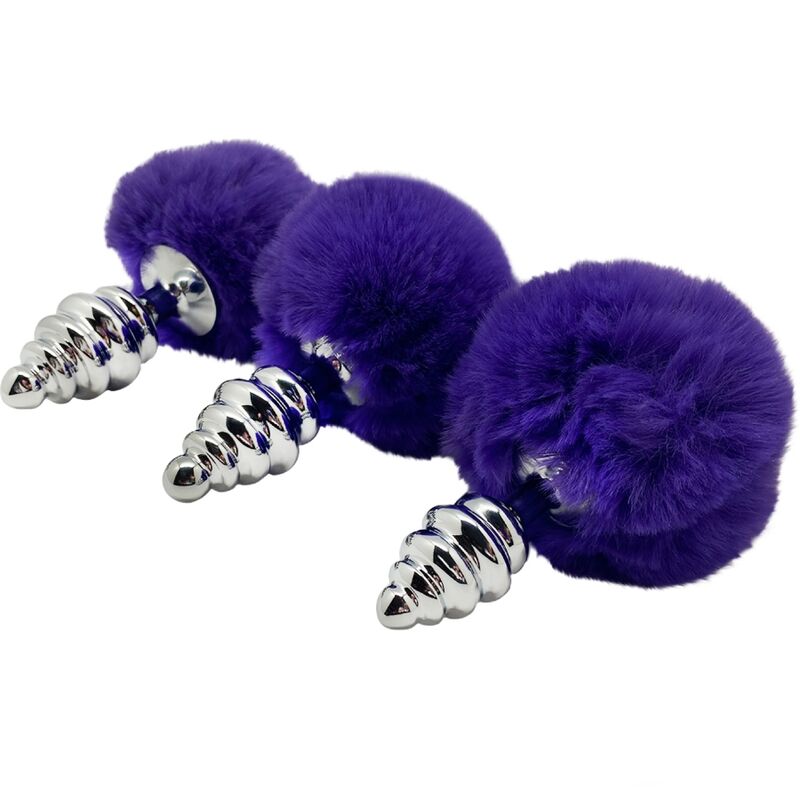 Imagem do Plug Anal Alive Espiral Metal Fluffy Violet S, destacando seu design em espiral, acabamento metálico e pompom roxo.