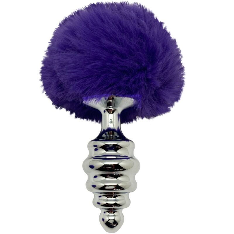 Imagem do Plug Anal Alive Espiral Metal Fluffy Violet S, destacando seu design em espiral, acabamento metálico e pompom roxo.