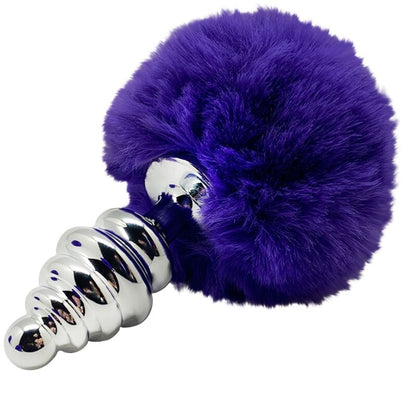 Imagem do Plug Anal Alive Espiral Metal Fluffy Violet S, destacando seu design em espiral, acabamento metálico e pompom roxo.