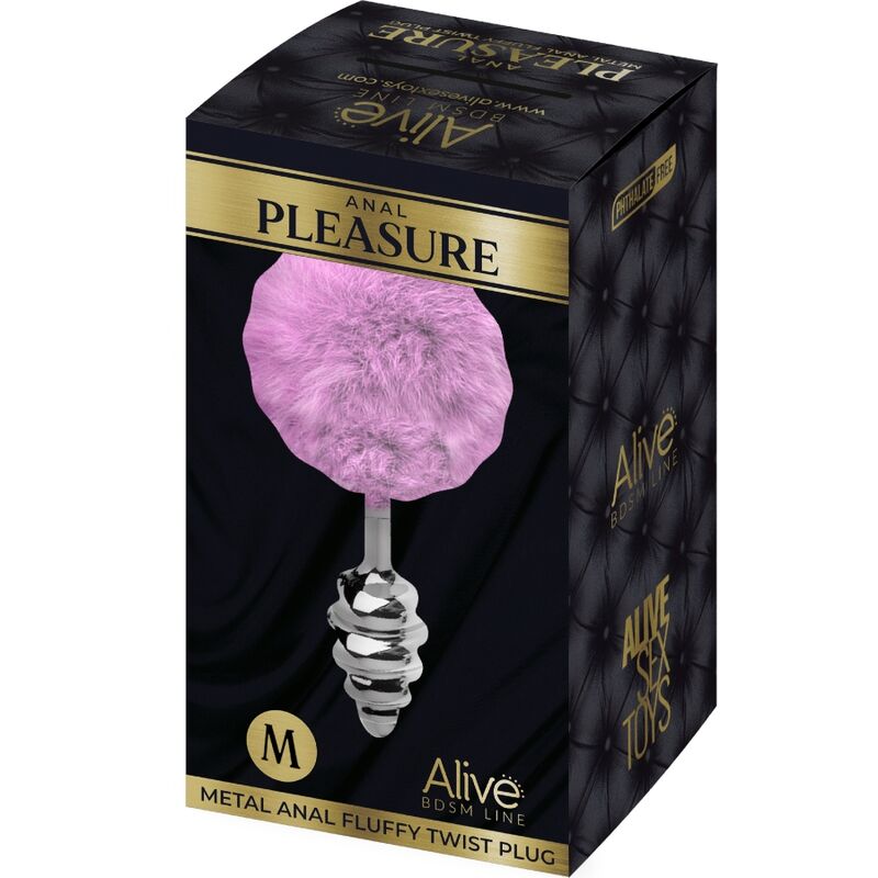 Close-up do ALIVE Plug Anal Espiral Metal Fluffy Violeta M, mostrando a textura do pompom e o design em espiral.