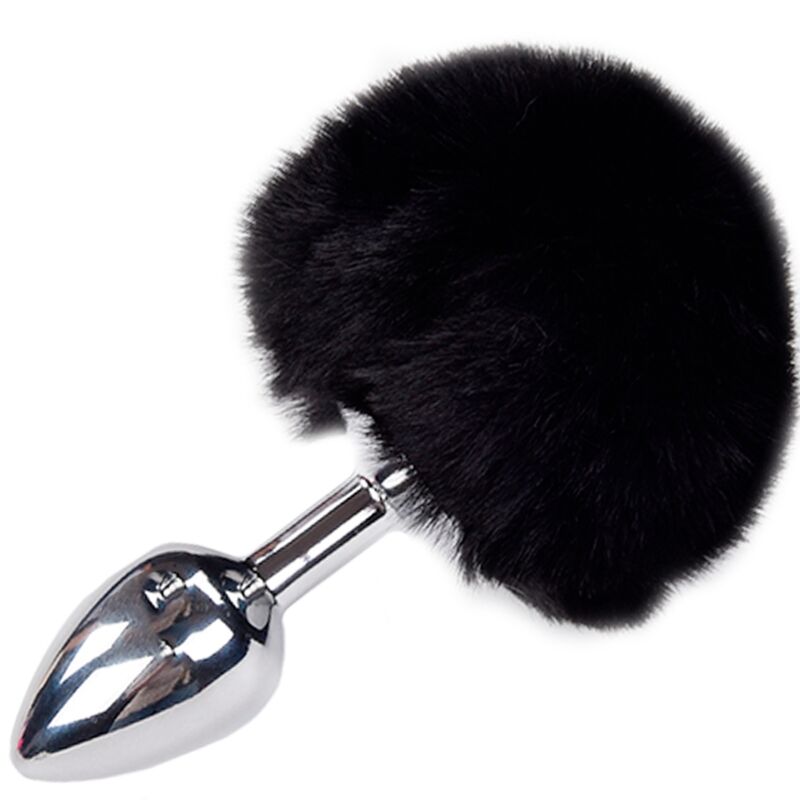 Close-up do ALIVE Plug Anal Metálico Liso Fluffy Preto Tamanho L, mostrando o metal polido e o pompom macio.