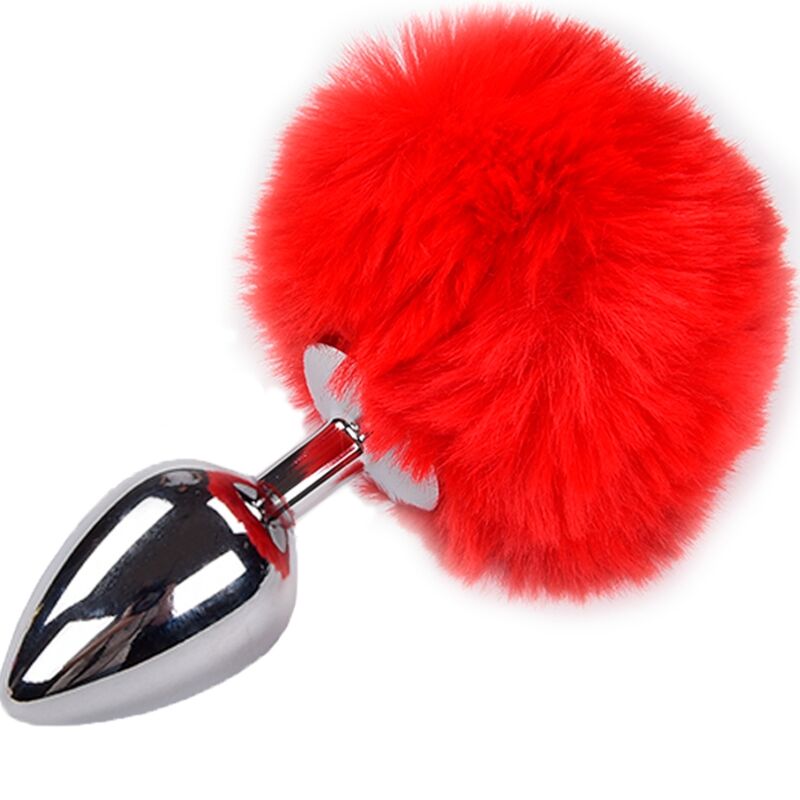 Close-up do ALIVE Plug Anal de Metal Liso Fluffy Vermelho Tamanho M, mostrando a textura lisa do metal e o pompom vermelho.
