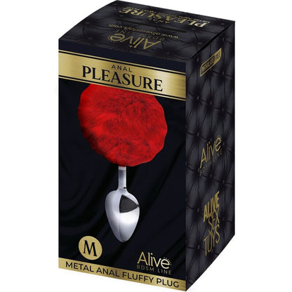 Close-up do ALIVE Plug Anal de Metal Liso Fluffy Vermelho Tamanho M, mostrando a textura lisa do metal e o pompom vermelho.