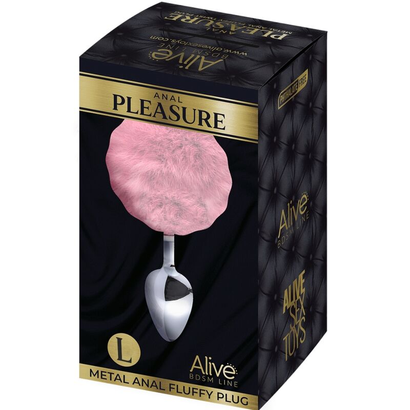 ALIVE Plug Anal de Metal Liso Fluffy Rosa Tamanho L com pompom macio e base elegante