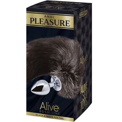 Plug anal ALIVE Cauda de Raposa Metal Tamanho M, com base metálica e cauda de pelo sintético branca e preta para estimulação anal.