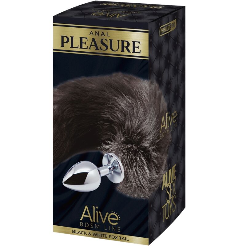 ALIVE Plug Anal Rabo de Raposa Metálico Tamanho S com cauda branca e preta, mostrando o design e material.