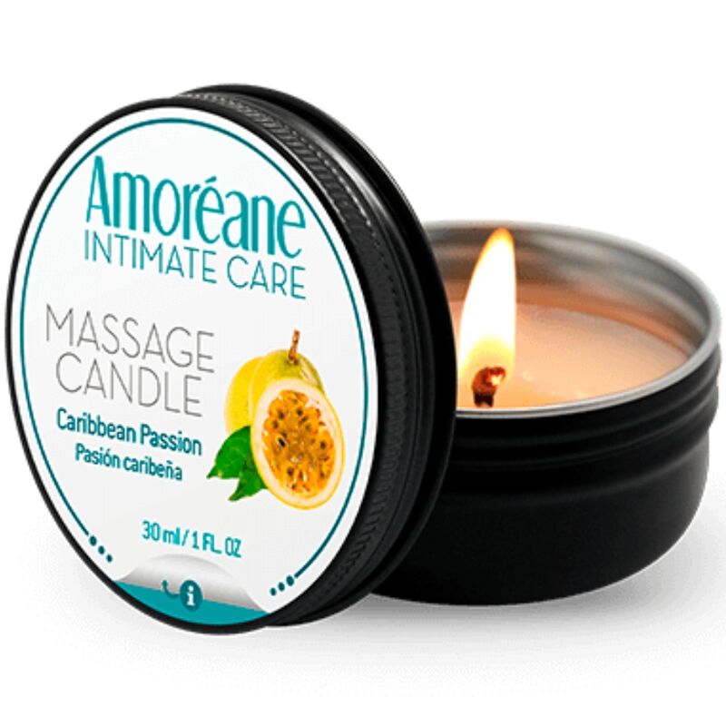 Vela de Massagem AMOREANE Paixão Caribe 30ml, mostrando a cera derretida e o frasco elegante.