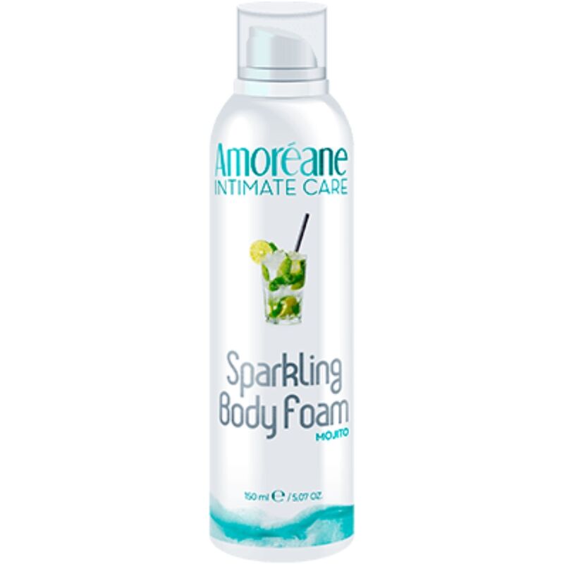 AMOREANE Espuma Corporal de Massagem Efeito Crocante Mojito 150ml, mostrando a embalagem e a textura efervescente da espuma.