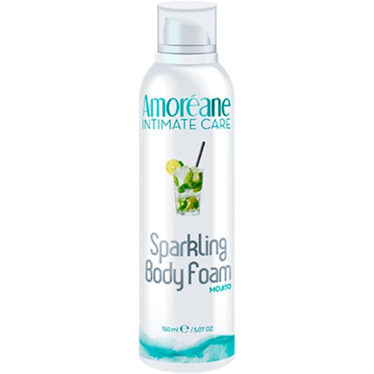 AMOREANE Espuma Corporal de Massagem Efeito Crocante Mojito 150ml, mostrando a embalagem e a textura efervescente da espuma.