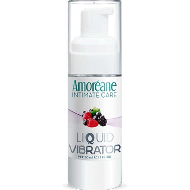 Frasco de AMOREANE Líquido Vibrante Frutas Vermelhas 30ml, destacando o design e a textura do produto.