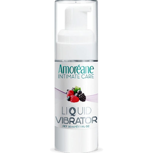 Frasco de AMOREANE Líquido Vibrante Frutas Vermelhas 30ml, destacando o design e a textura do produto.