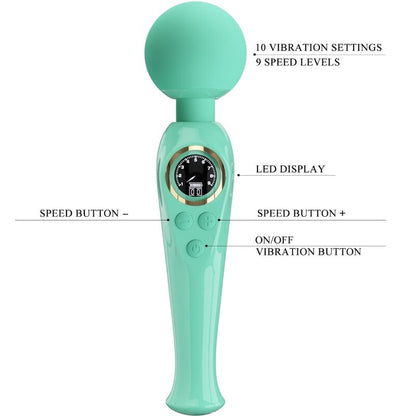 Vibrador de varinha PRETTY LOVE Skyler verde com ecrã LCD e cabeça flexível