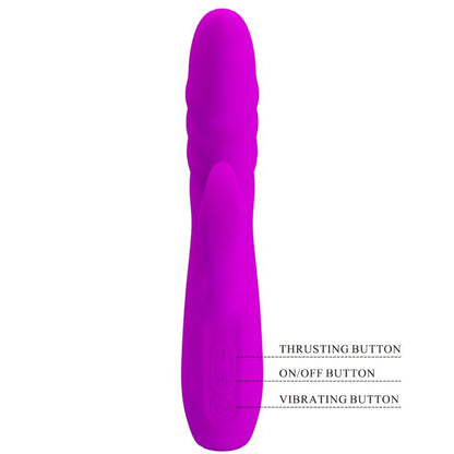 Close-up of the PRETTY LOVE Vibrador de Coelho Recarregável Melanie Roxo, highlighting its silicone texture and dual stimulator design.