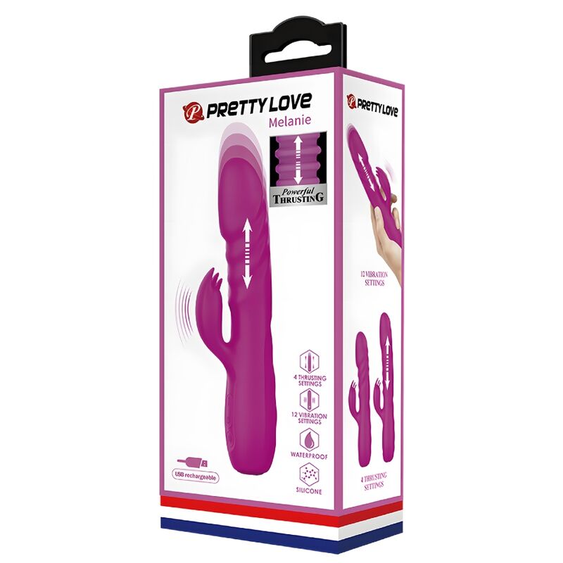 Close-up of the PRETTY LOVE Vibrador de Coelho Recarregável Melanie Roxo, highlighting its silicone texture and dual stimulator design.