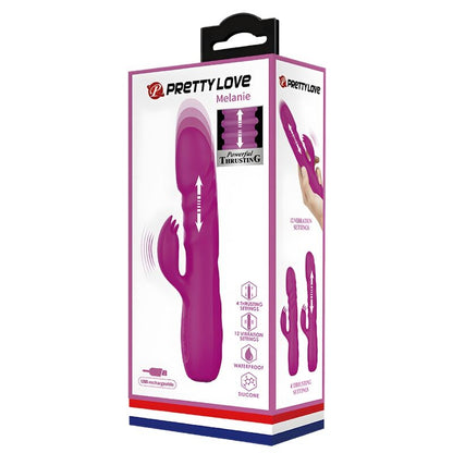 Close-up of the PRETTY LOVE Vibrador de Coelho Recarregável Melanie Roxo, highlighting its silicone texture and dual stimulator design.