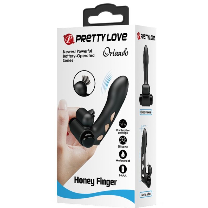 PRETTY LOVE Capa de Dedo Vibrador Orlando Preto, com design ergonómico e 10 funções de vibração.