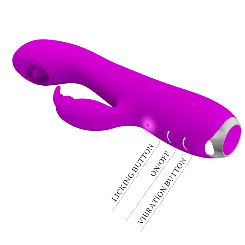 Close-up of the 'PRETTY LOVE Vibrador Rachel Recarregável com Ventosa e Ponta de Língua' showing its texture and features.