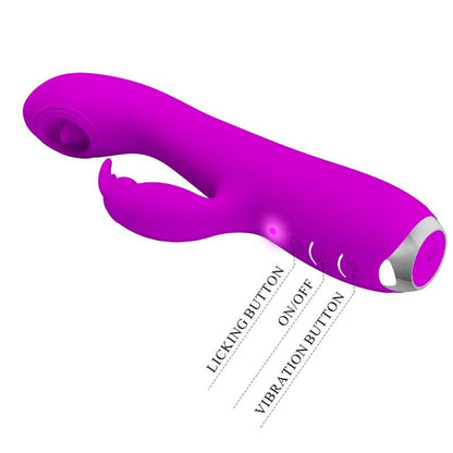Close-up of the 'PRETTY LOVE Vibrador Rachel Recarregável com Ventosa e Ponta de Língua' showing its texture and features.